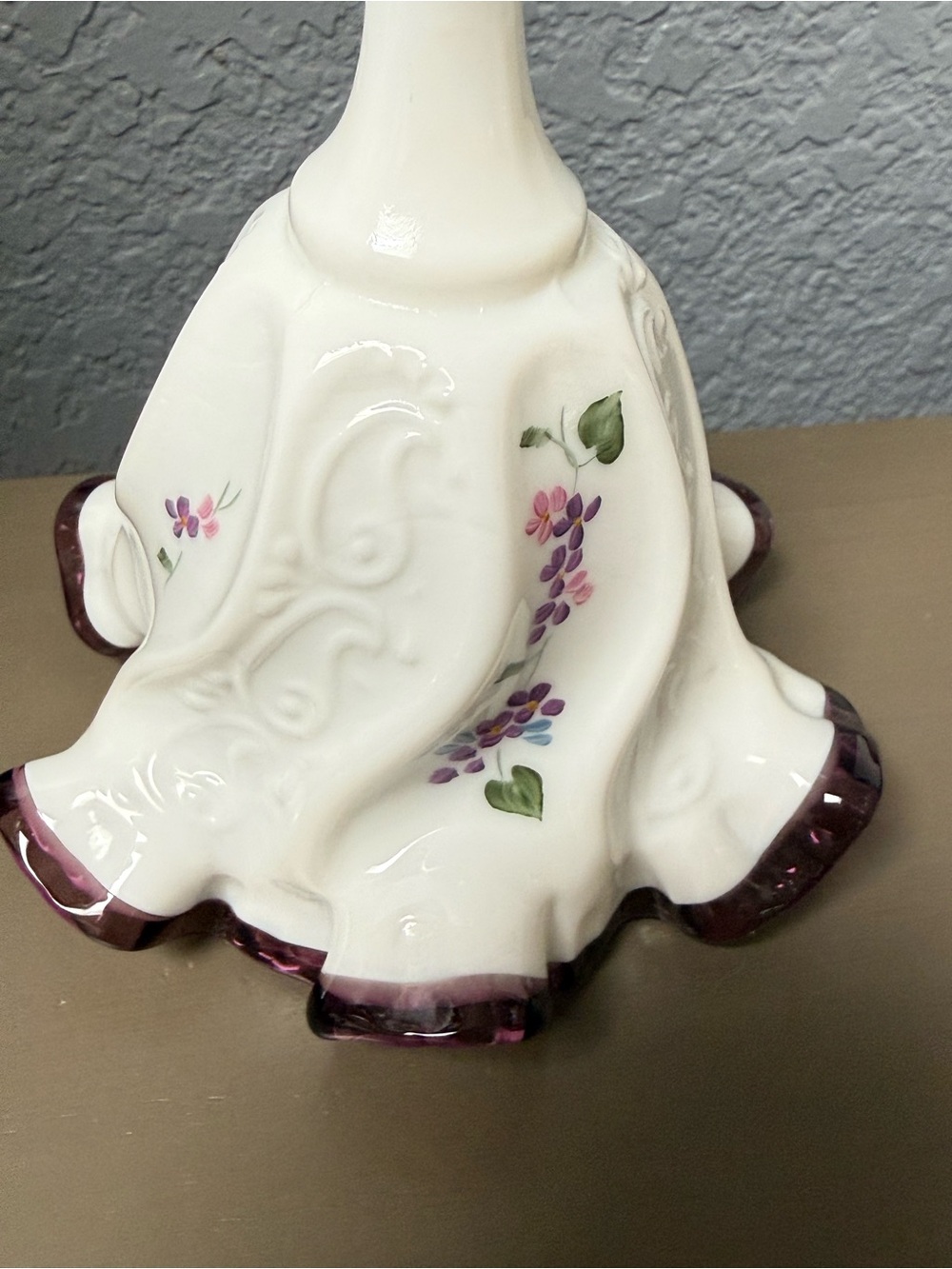 Fenton White Milk Glass Bell Purple-Trim Floral Accents - Picture 9 of 9